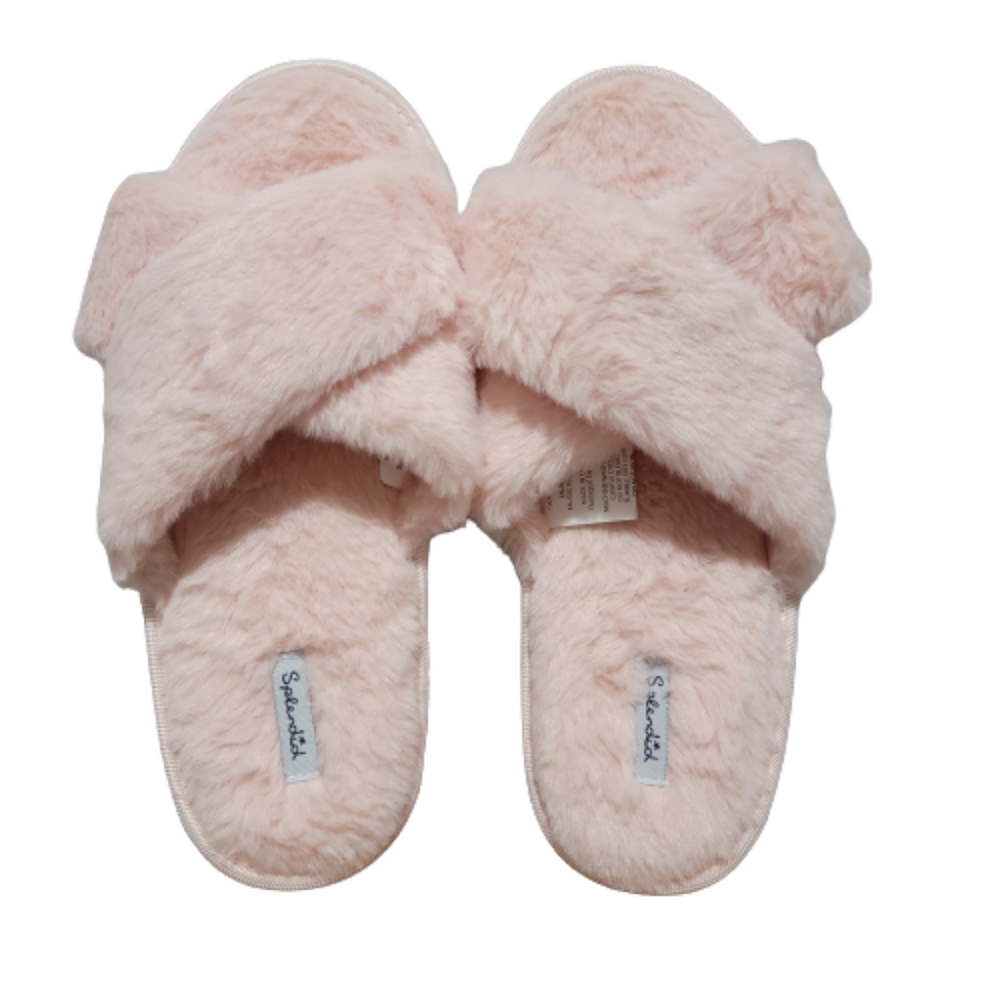 Splendid Cross Slide Slippers, Crystal Pink Faux Fur, Size M/L